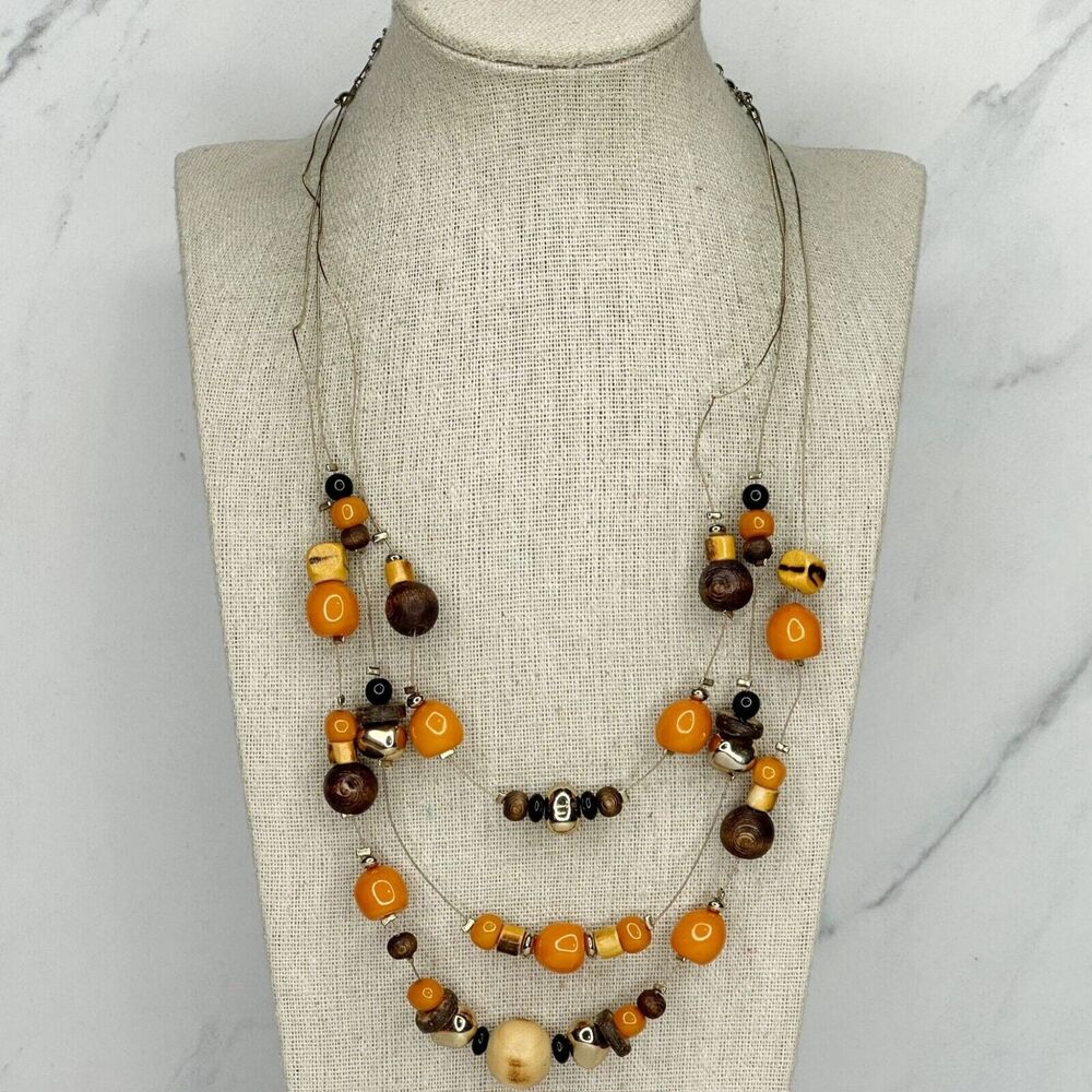 Chico's Gold Tone Triple Strand Wire Orange Beaded Necklace